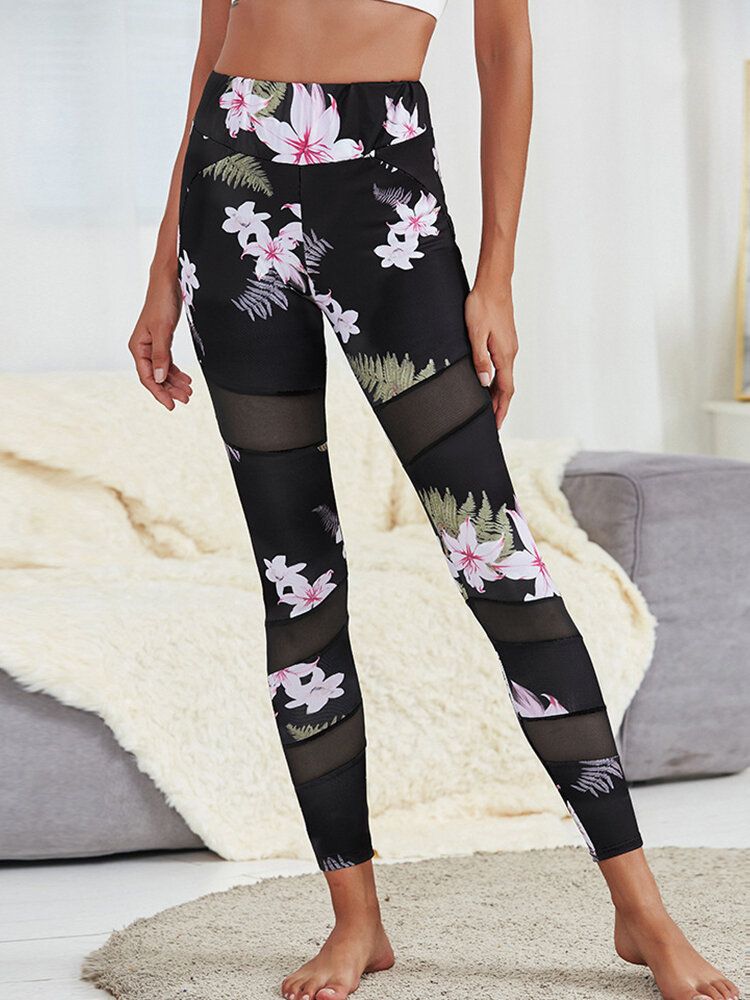 Blommönster Mesh Patchwork Sport Yoga Leggings För Kvinnor