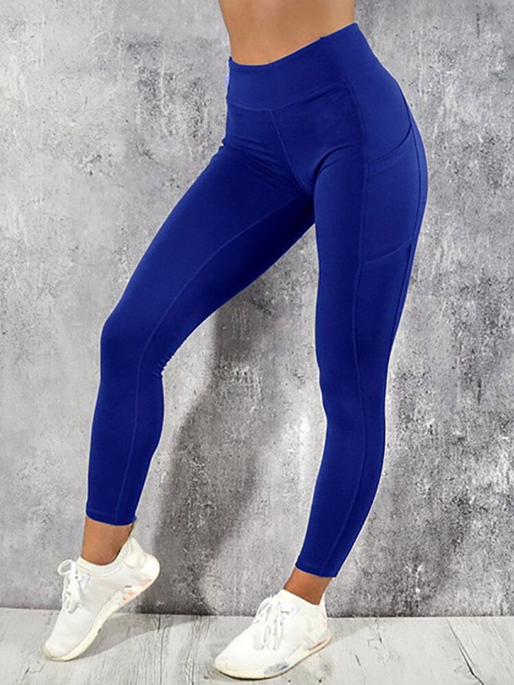 Dam Enfärgad Pocket Yoga Sport Bodycon Leggings