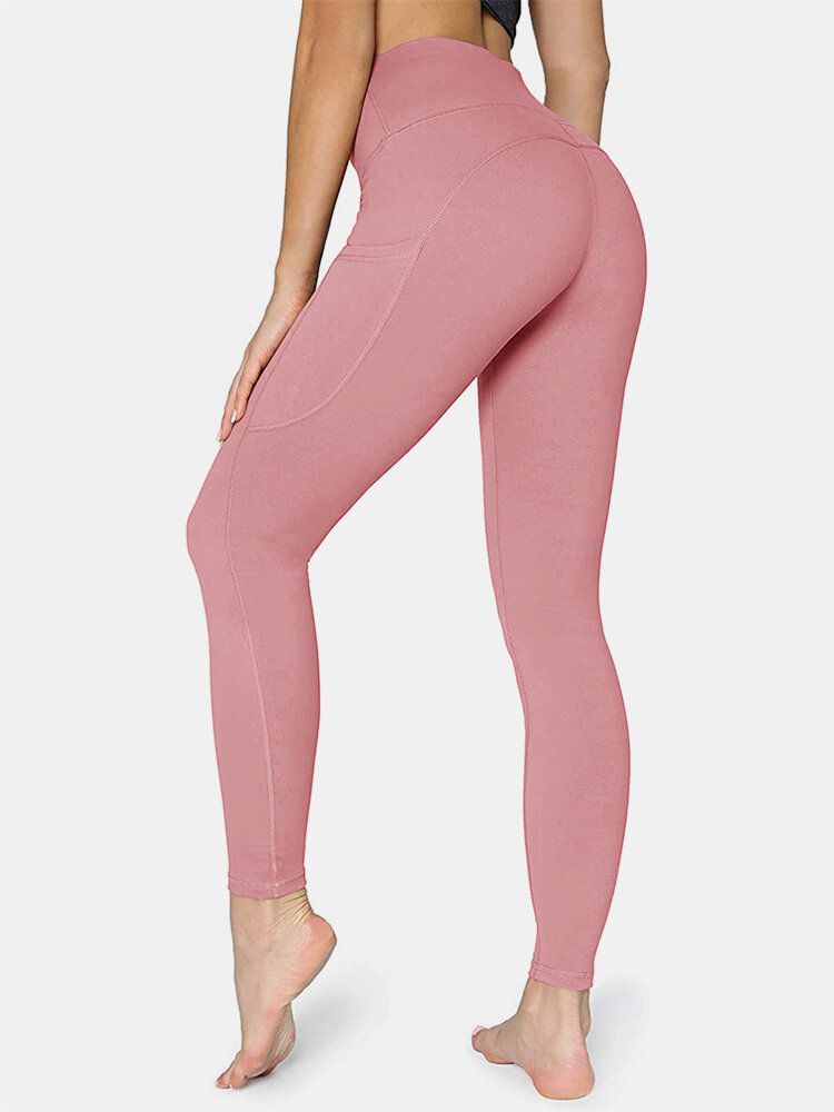 Dam Enfärgad Sidoficka Hip Lift Sport Yoga Legging