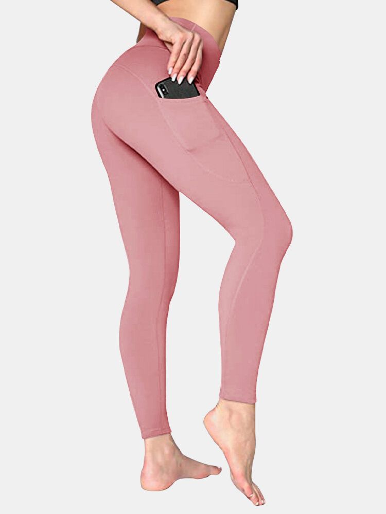 Dam Enfärgad Sidoficka Hip Lift Sport Yoga Legging