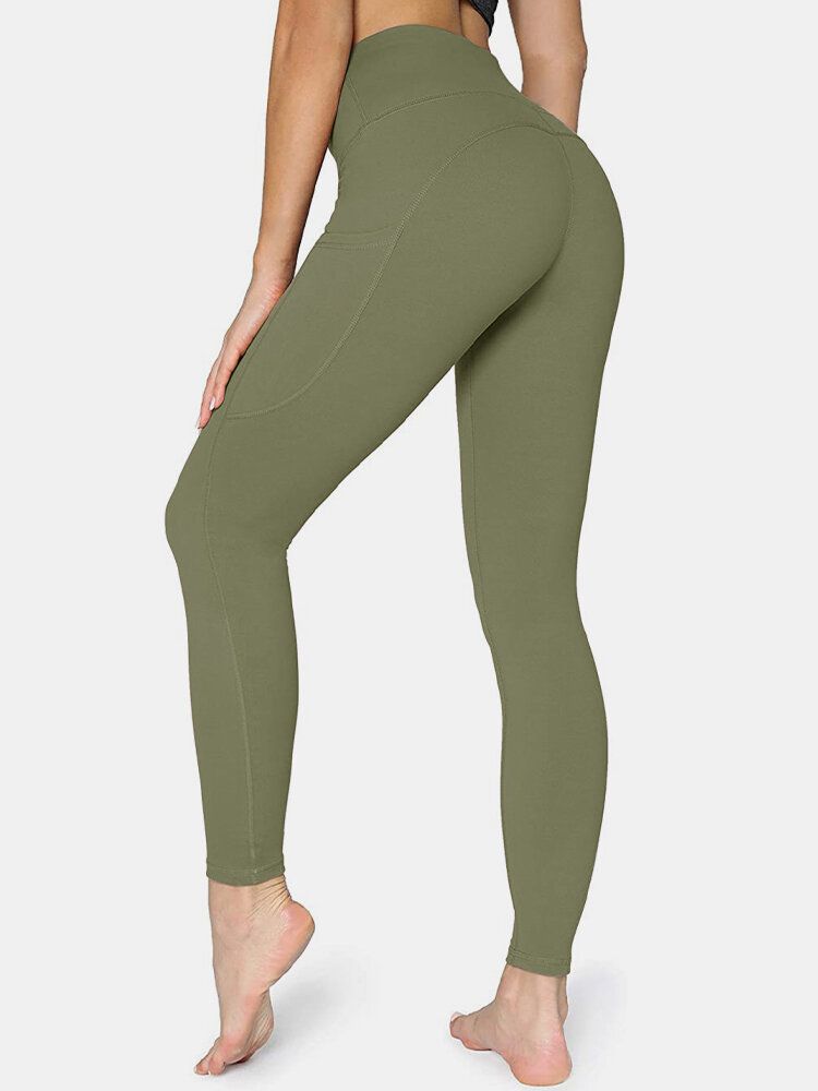 Dam Enfärgad Sidoficka Hip Lift Sport Yoga Legging