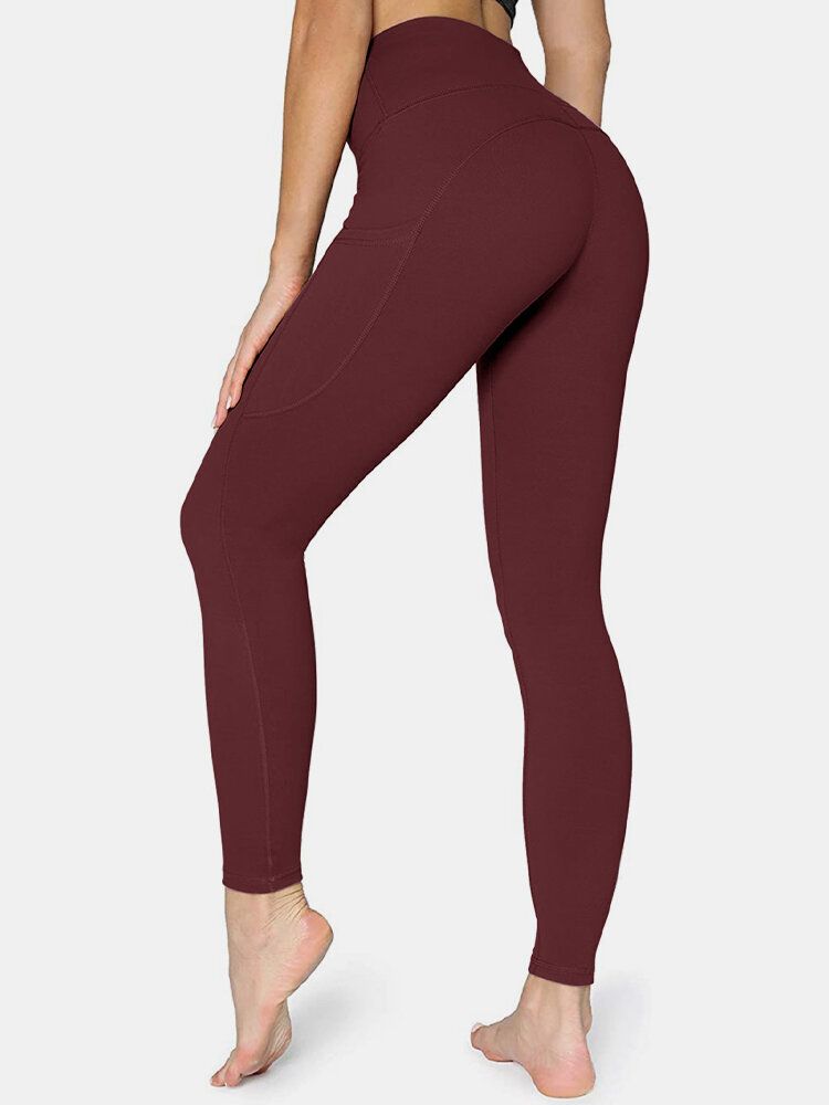 Dam Enfärgad Sidoficka Hip Lift Sport Yoga Legging