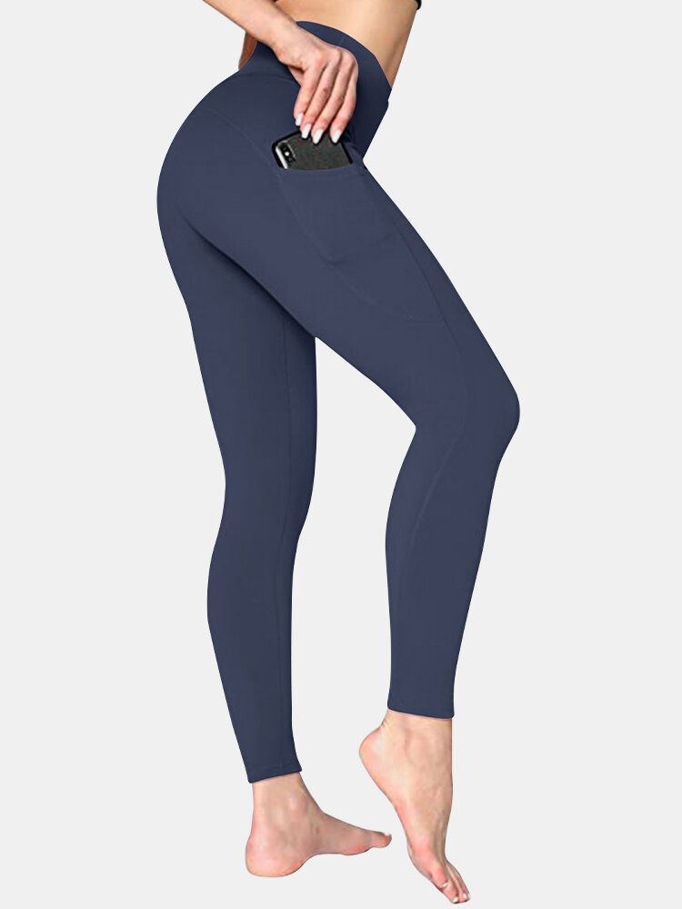 Dam Enfärgad Sidoficka Hip Lift Sport Yoga Legging