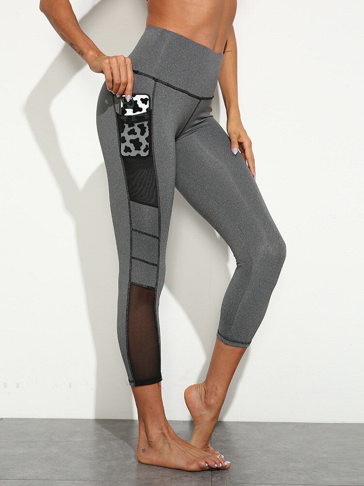 Dam Enfärgad Topstitch Sidficka Hög Midja Yoga Sport Leggings