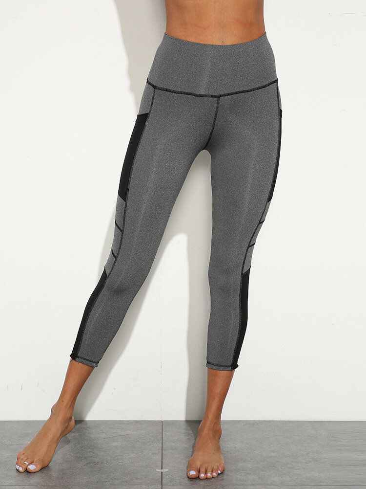 Dam Enfärgad Topstitch Sidficka Hög Midja Yoga Sport Leggings