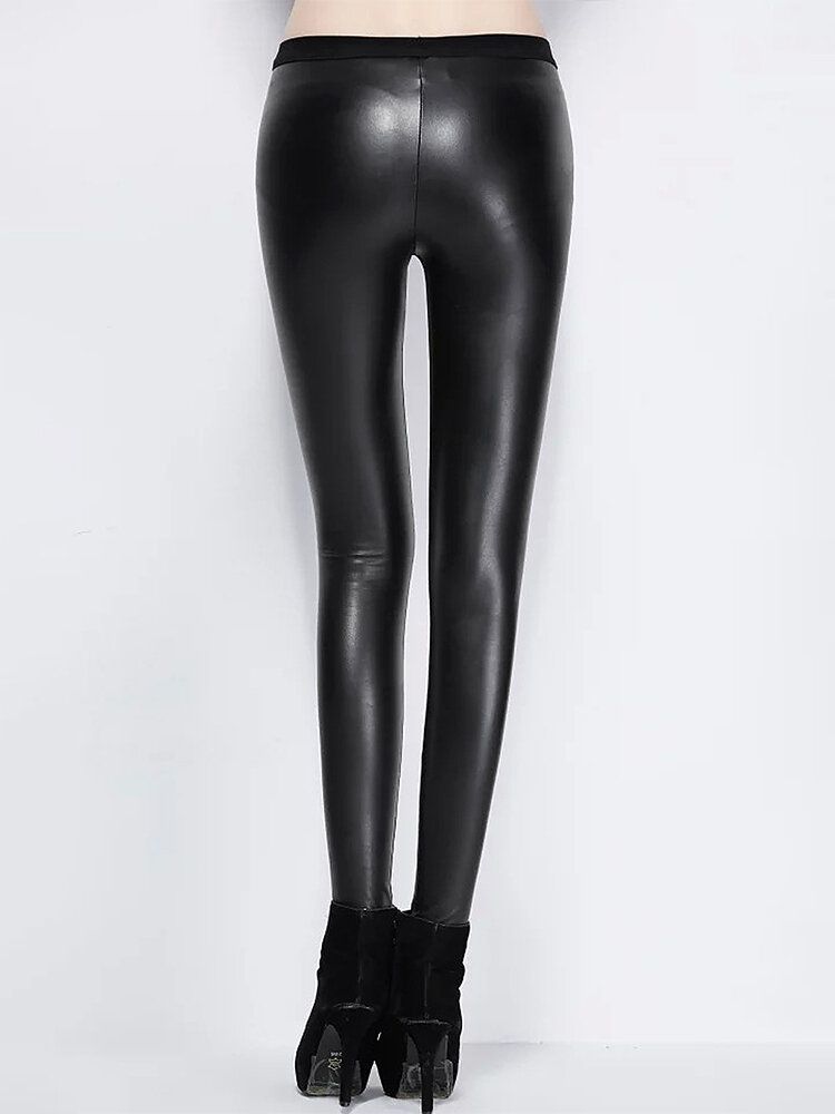 Dam Enfärgat Läder Bodycon Base Långa Casual Leggings