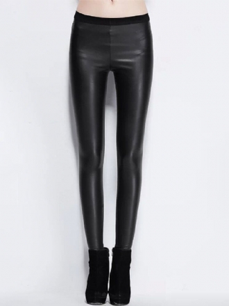 Dam Enfärgat Läder Bodycon Base Långa Casual Leggings