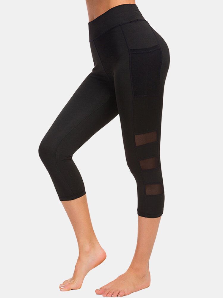 Dam Mesh Patchwork Bodycon Cropped Yoga Sport Leggings Med Fickor