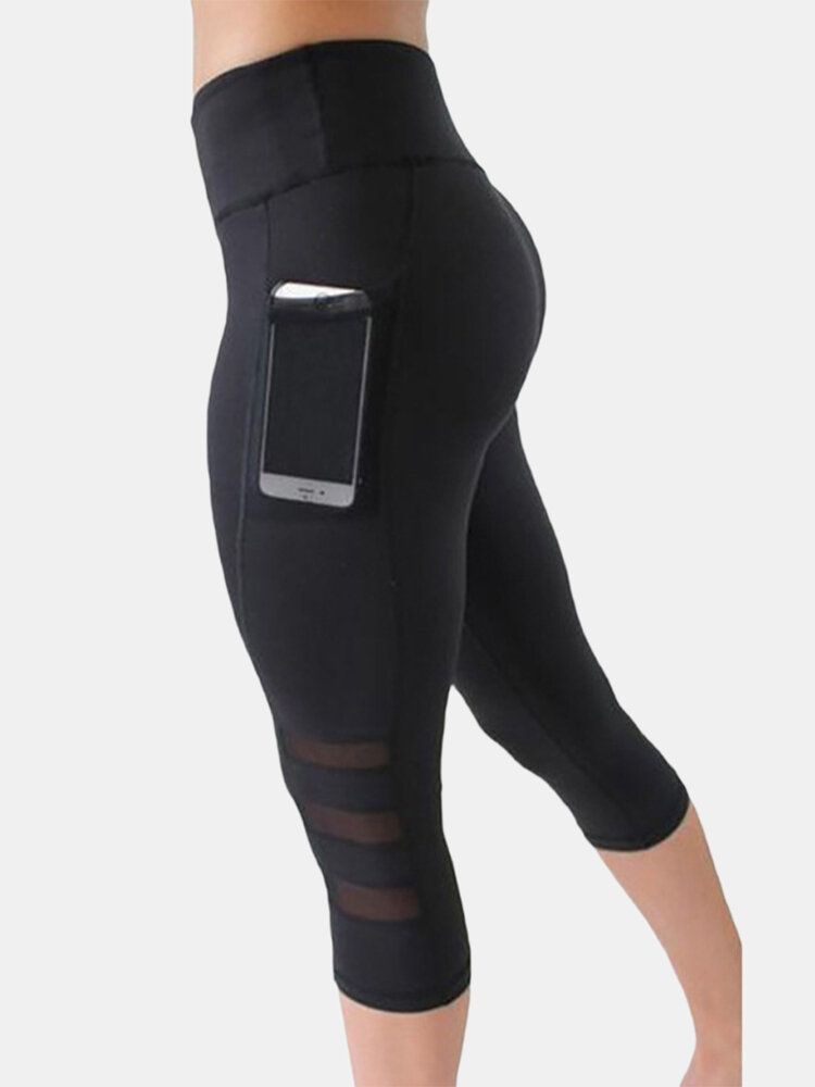 Dam Mesh Patchwork Bodycon Cropped Yoga Sport Leggings Med Fickor