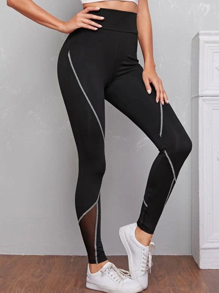 Dam Patch Line Print Elastisk Midja Bodycon Sport Casual Leggings