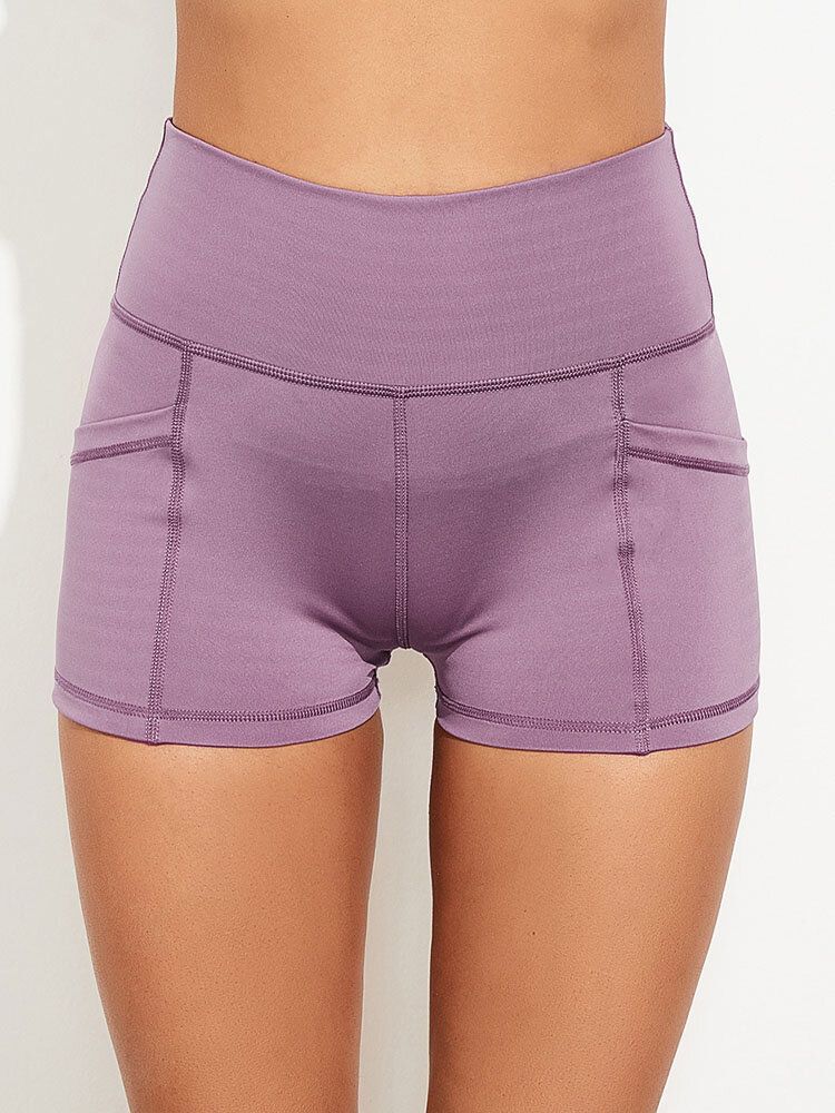 Enfärgade Sömmar Hög Midja Stretch Running Yoga Pocket Korta Leggings För Kvinnor