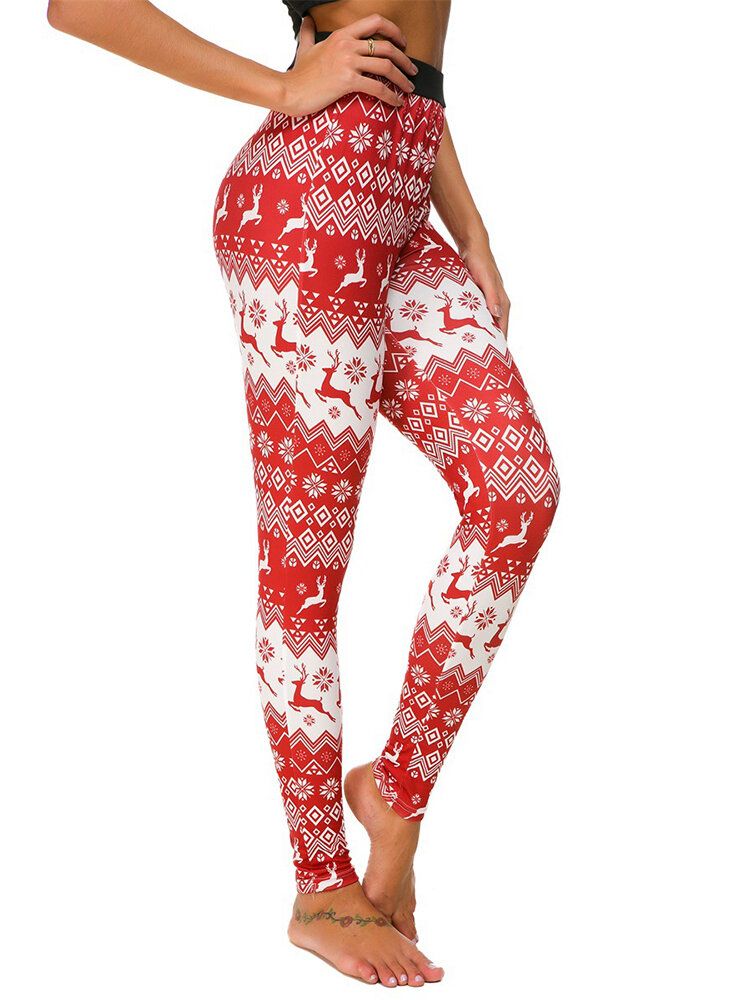 Kvinnor Smal Elastisk Midja Älg Julprintade Leggings