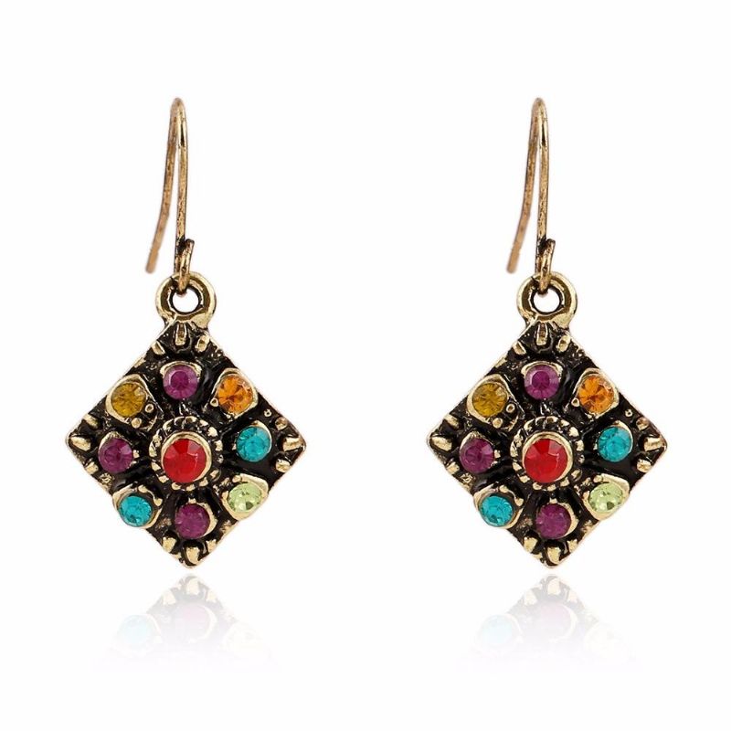 Bohemian Colorful Diamond Ear Drop Square Legering Strassörhänge För Kvinnor