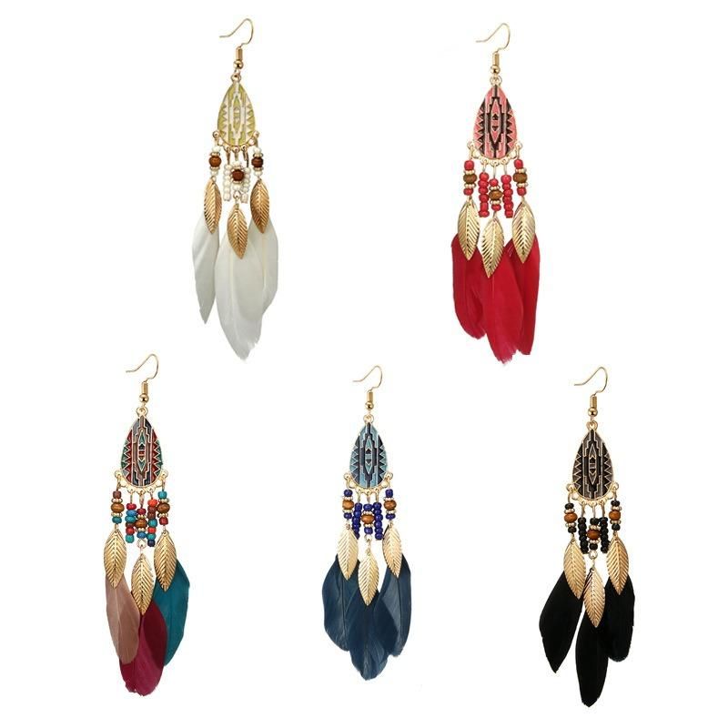 Bohemian Feather Drop Örhängen Långa Tofsar Örhängen Retro Kvinnor Örhängen