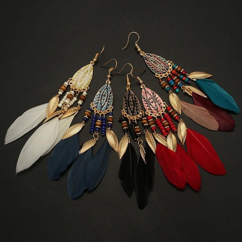 Bohemian Feather Drop Örhängen Långa Tofsar Örhängen Retro Kvinnor Örhängen