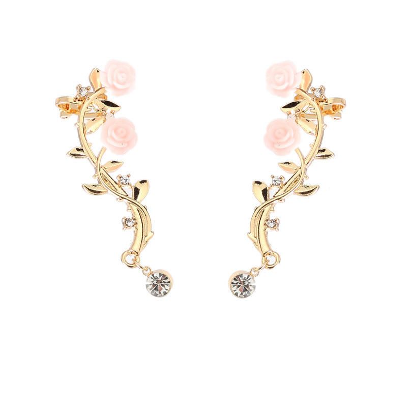 Elegant Rosa Blomma Manschettörhänge För Kvinnor Silver Guld Färg Piercing Clip Örhängen