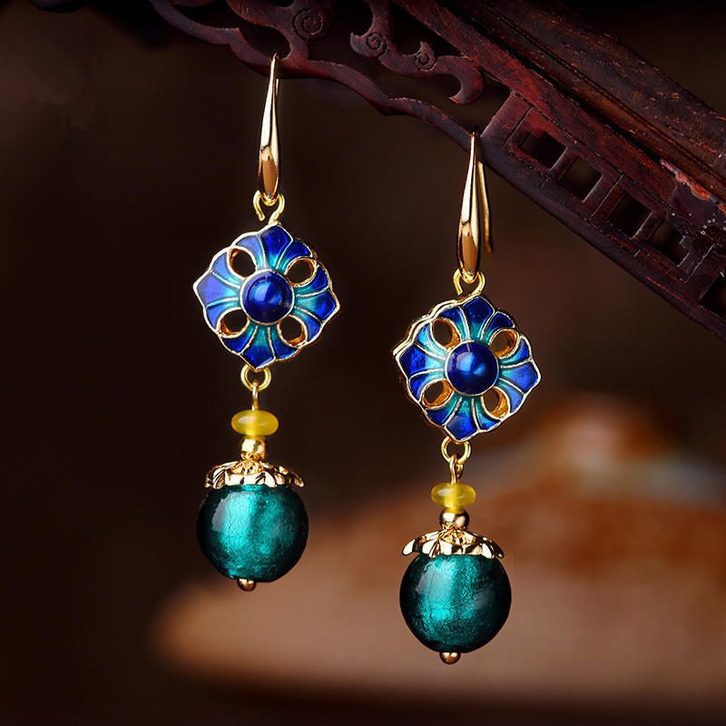 Lyxiga Retro Dangle Örhängen Cloisonne Flower Agate Handgjorda Guldörhänge För Kvinnor Etniska Smycken