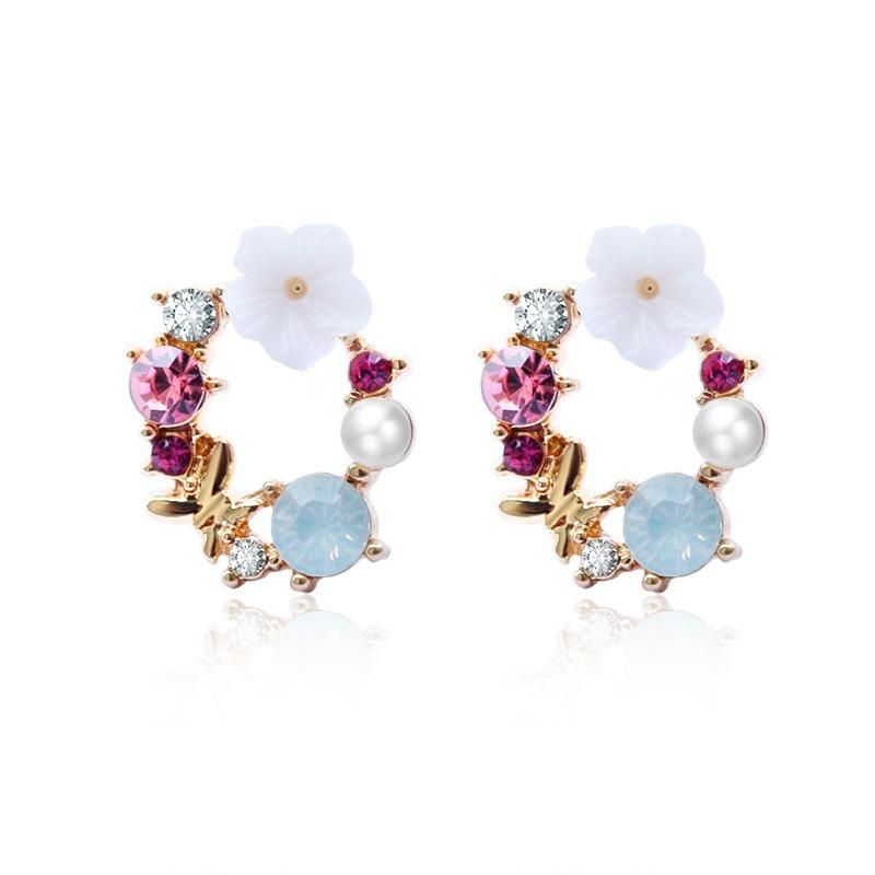 Sweet Elegant Flower Earring Strass Pearl Ear Stub Runda Örhängen