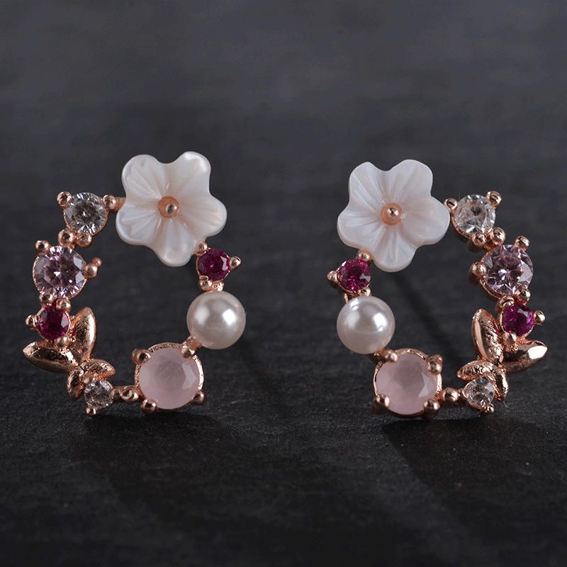 Sweet Elegant Flower Earring Strass Pearl Ear Stub Runda Örhängen