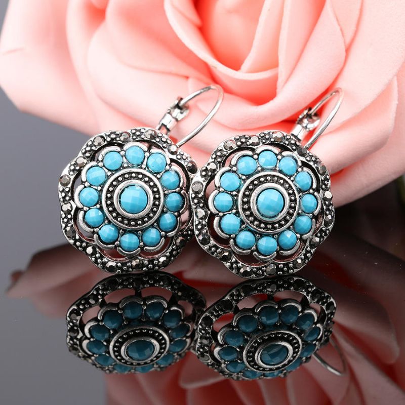 Vintage Ear Drop Earring Hollow Blue Flower Plant Ear Hoop Etniska Smycken För Kvinnor