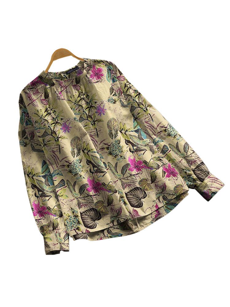 100% Bomull Lös O-ringad Raglan Blus Med Blommig Ärm