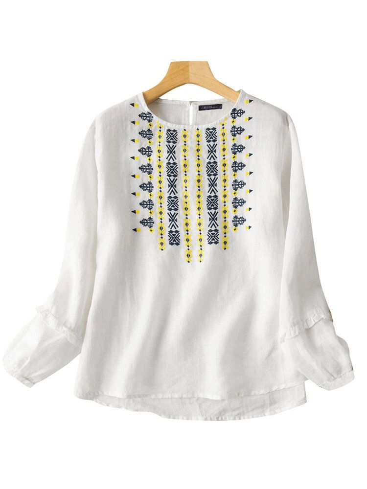 100% Bomull Puffärm Loose Fit Back Button Brodery Geometrisk Blus För Dam