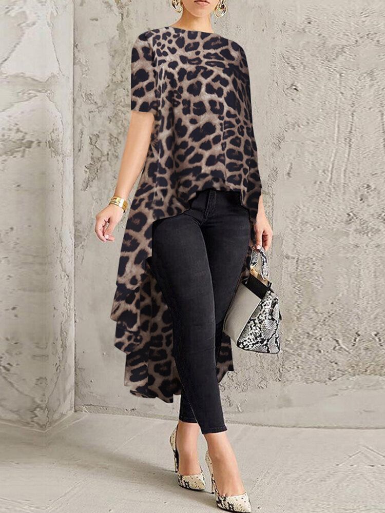 100% Polyester Leopard Print High Low Blus För Dam