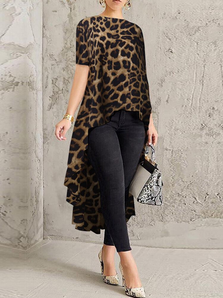 100% Polyester Leopard Print High Low Blus För Dam