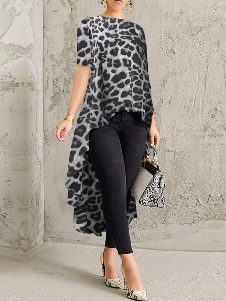 100% Polyester Leopard Print High Low Blus För Dam