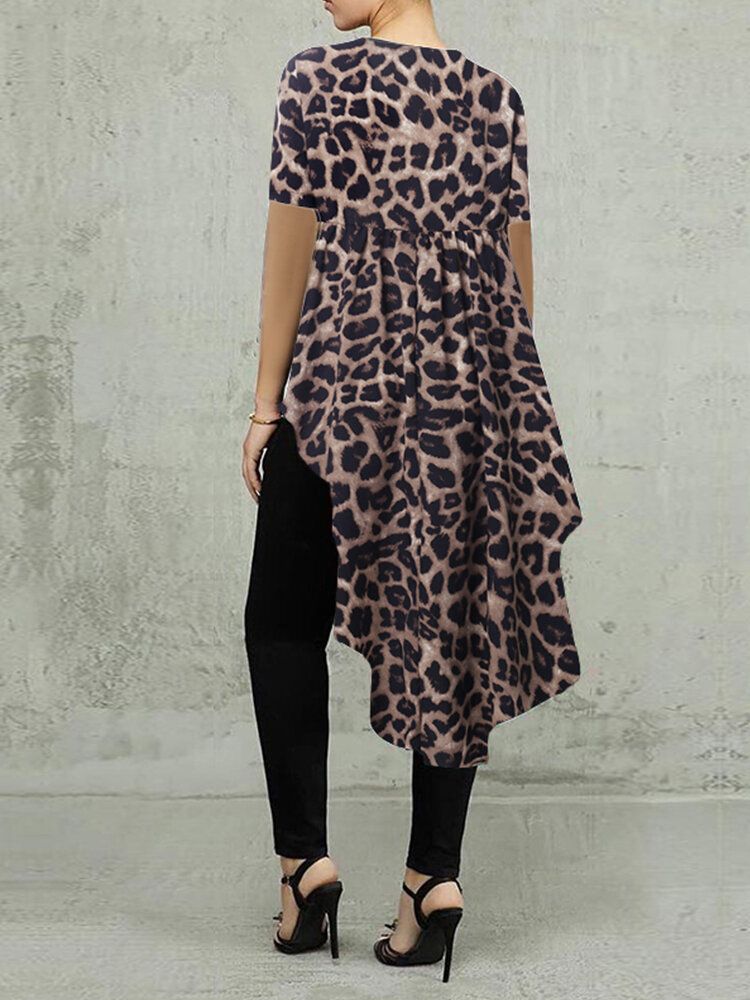 100% Polyester Leopard Print High Low Blus För Dam