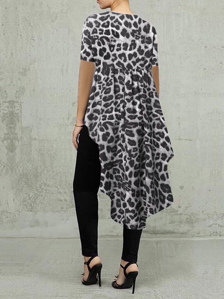 100% Polyester Leopard Print High Low Blus För Dam