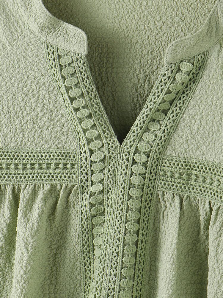 Bohemian Lace Patch Enfärgad V-ringad Långärmad Blus För Kvinnor