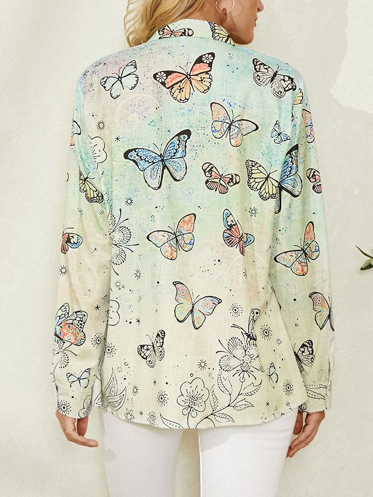 Butterfly Print Lapel Collar Långärmad Casual Shirt För Kvinnor