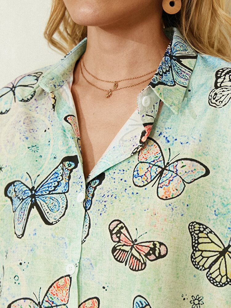 Butterfly Print Lapel Collar Långärmad Casual Shirt För Kvinnor