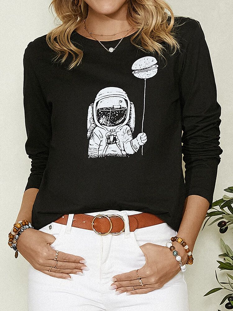 Cartoon Astronaut Print Långärmad O-ringad Enkel Casual Blus För Kvinnor