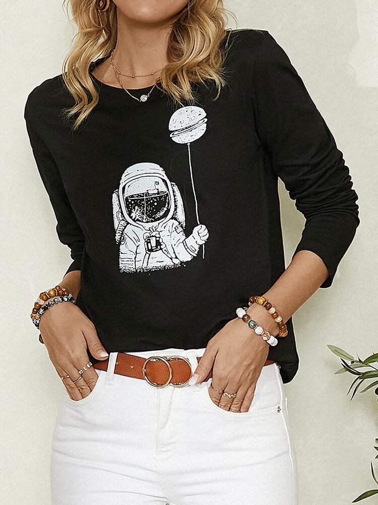 Cartoon Astronaut Print Långärmad O-ringad Enkel Casual Blus För Kvinnor