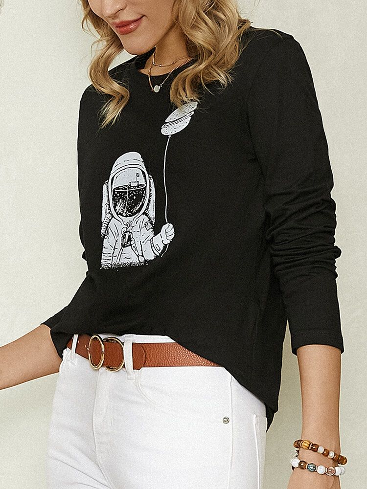 Cartoon Astronaut Print Långärmad O-ringad Enkel Casual Blus För Kvinnor