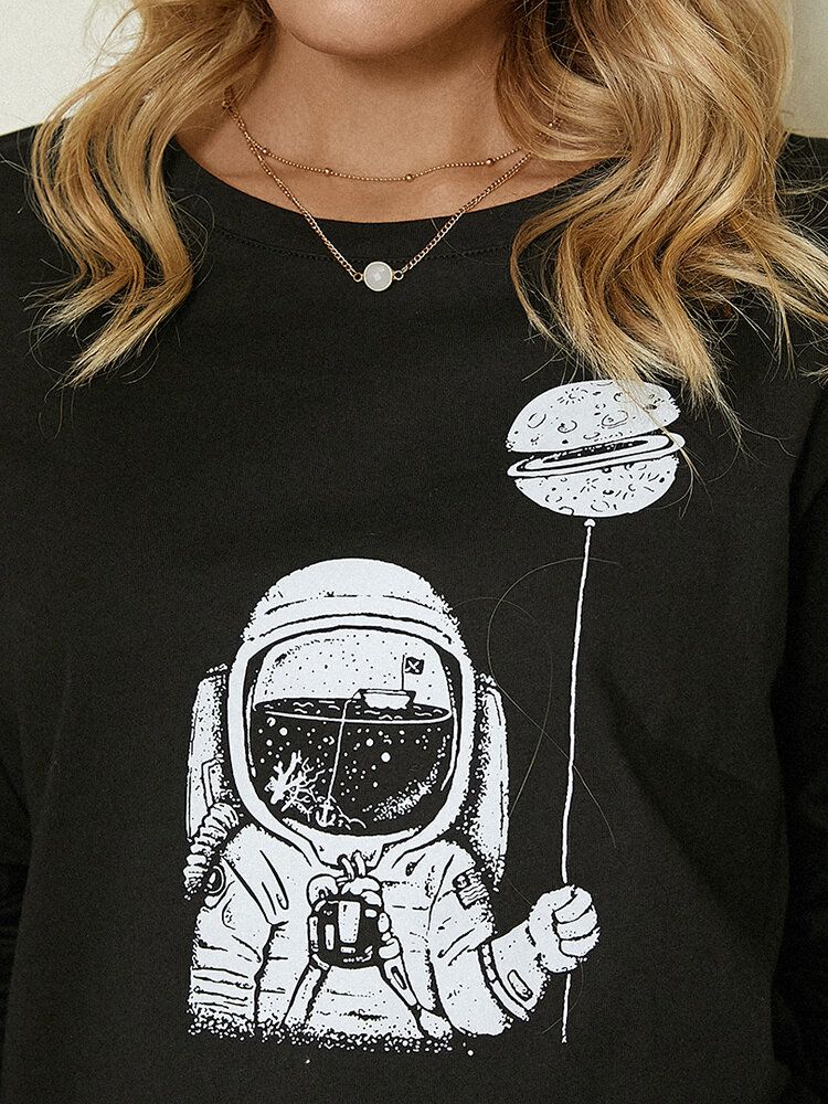 Cartoon Astronaut Print Långärmad O-ringad Enkel Casual Blus För Kvinnor