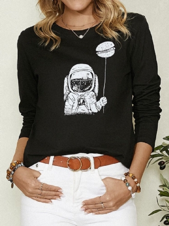 Cartoon Astronaut Print Långärmad O-ringad Enkel Casual Blus För Kvinnor