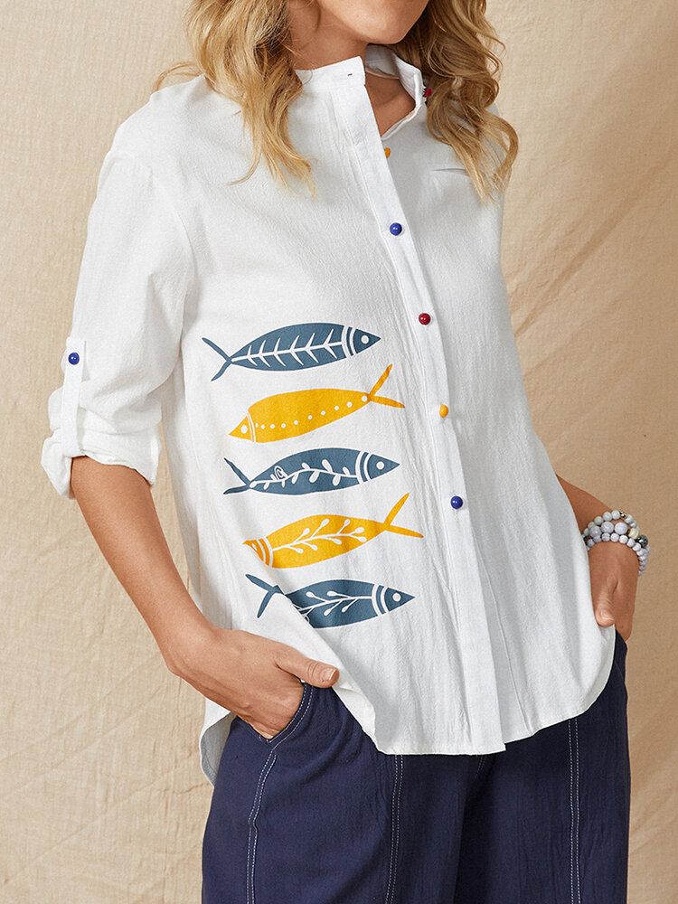 Cartoon Fish Print Button Stativ Krage Långärmad Casual Blus För Kvinnor