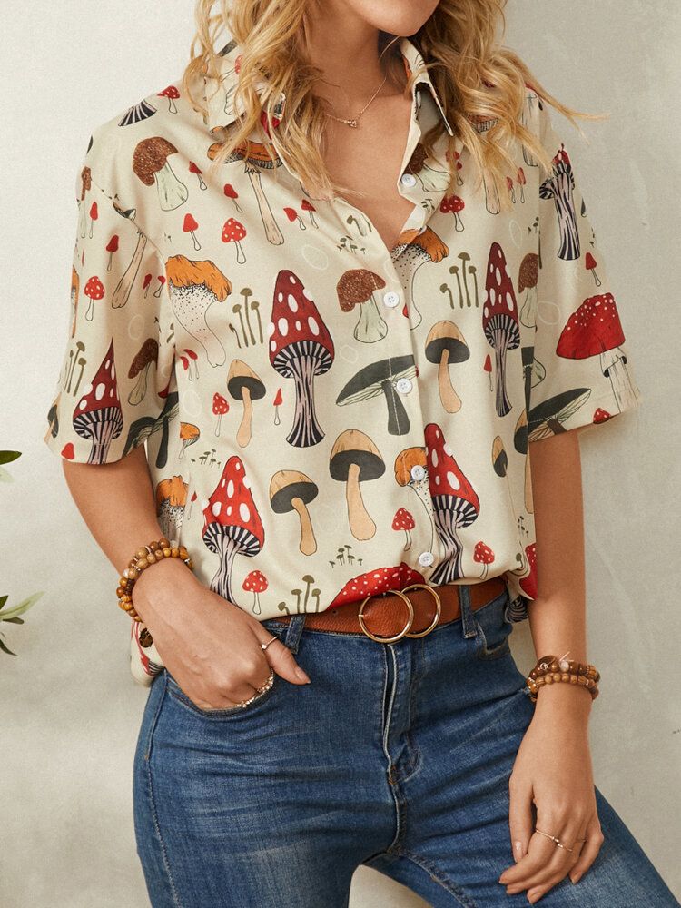 Casual Mushroom Print Lapel Collar Half Sleeve Button Blus For Women