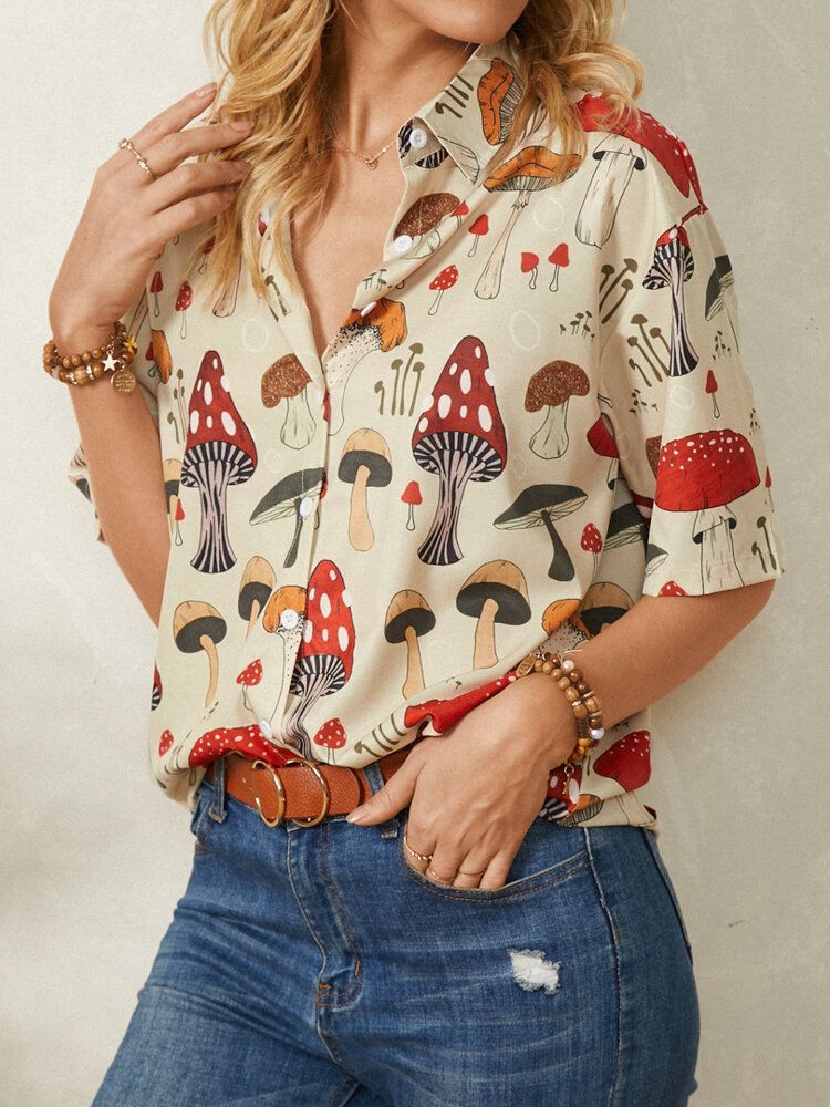 Casual Mushroom Print Lapel Collar Half Sleeve Button Blus For Women