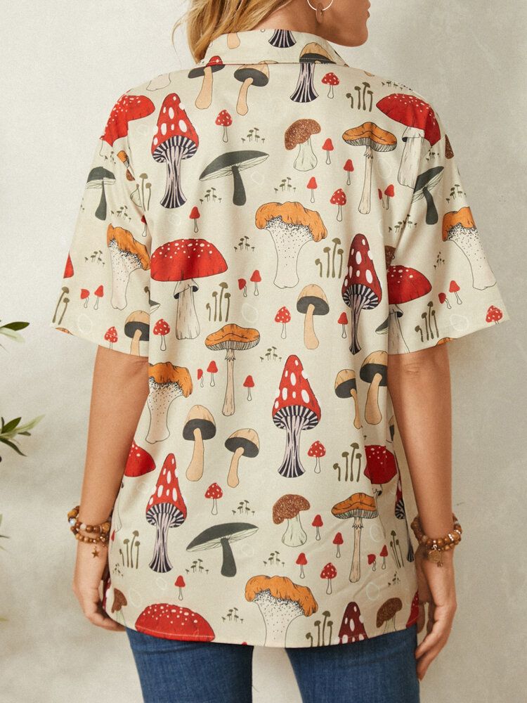 Casual Mushroom Print Lapel Collar Half Sleeve Button Blus For Women