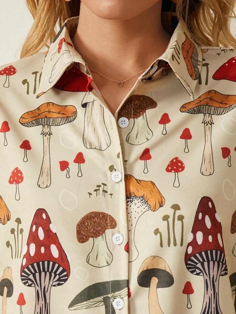 Casual Mushroom Print Lapel Collar Half Sleeve Button Blus For Women