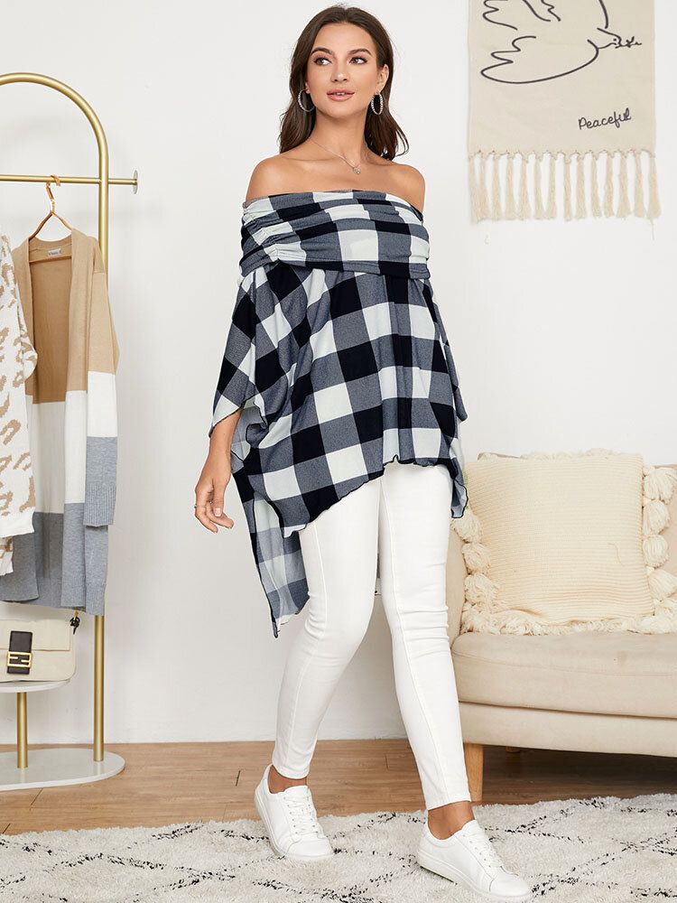 Check Print High-low Off Shoulder Cape Blus