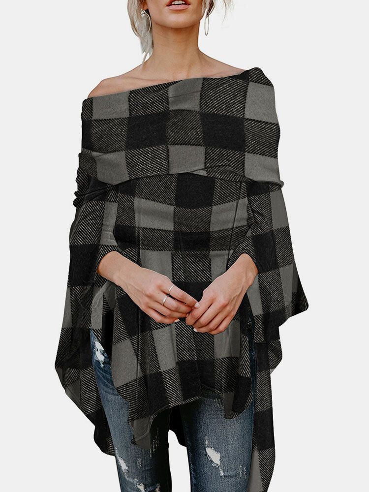 Check Print High-low Off Shoulder Cape Blus