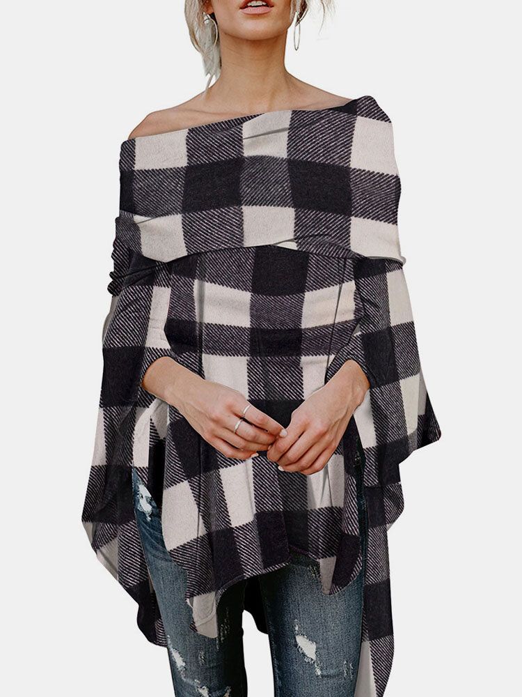 Check Print High-low Off Shoulder Cape Blus