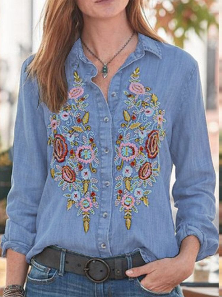 Daily Brodery Creative Button Lapel Loose Jean Shirt For Women