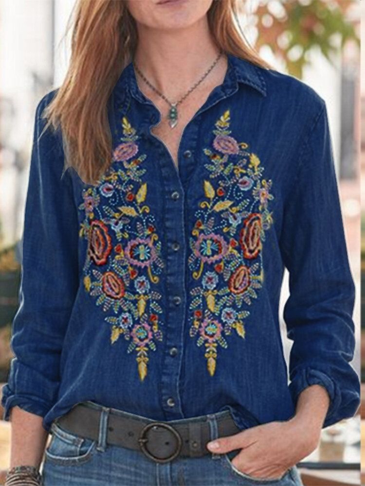 Daily Brodery Creative Button Lapel Loose Jean Shirt For Women