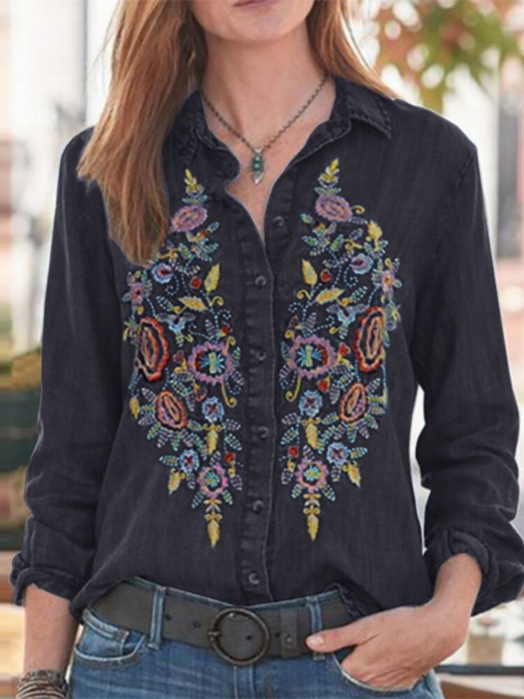 Daily Brodery Creative Button Lapel Loose Jean Shirt For Women